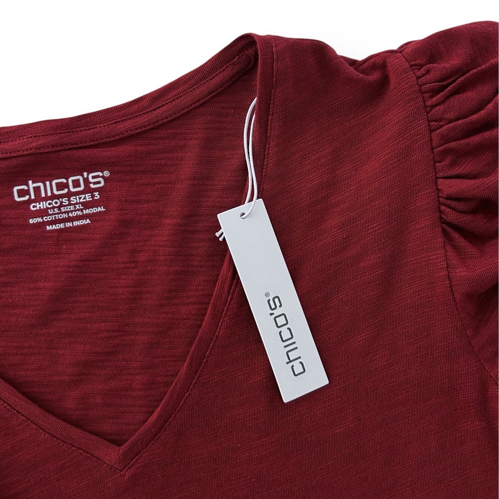 Chico's Women XL Paprika Brown 3/4 Puff Sleeve Cotton Slub Romantic Tee Top NWT - Picture 6 of 11